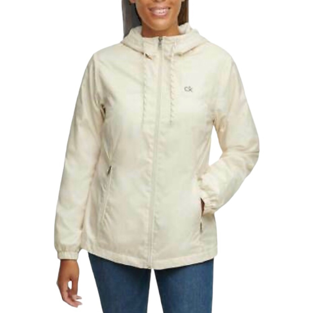 Calvin Klein Hooded Jacket Fleece Lined Full Zip Hoodie Zip Pockets Ivory NEW